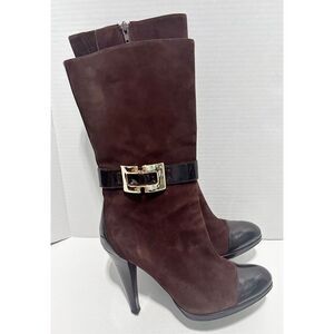 INC International Concepts Margaret Suede Leather Heeled Boots Booties Brown 9.5